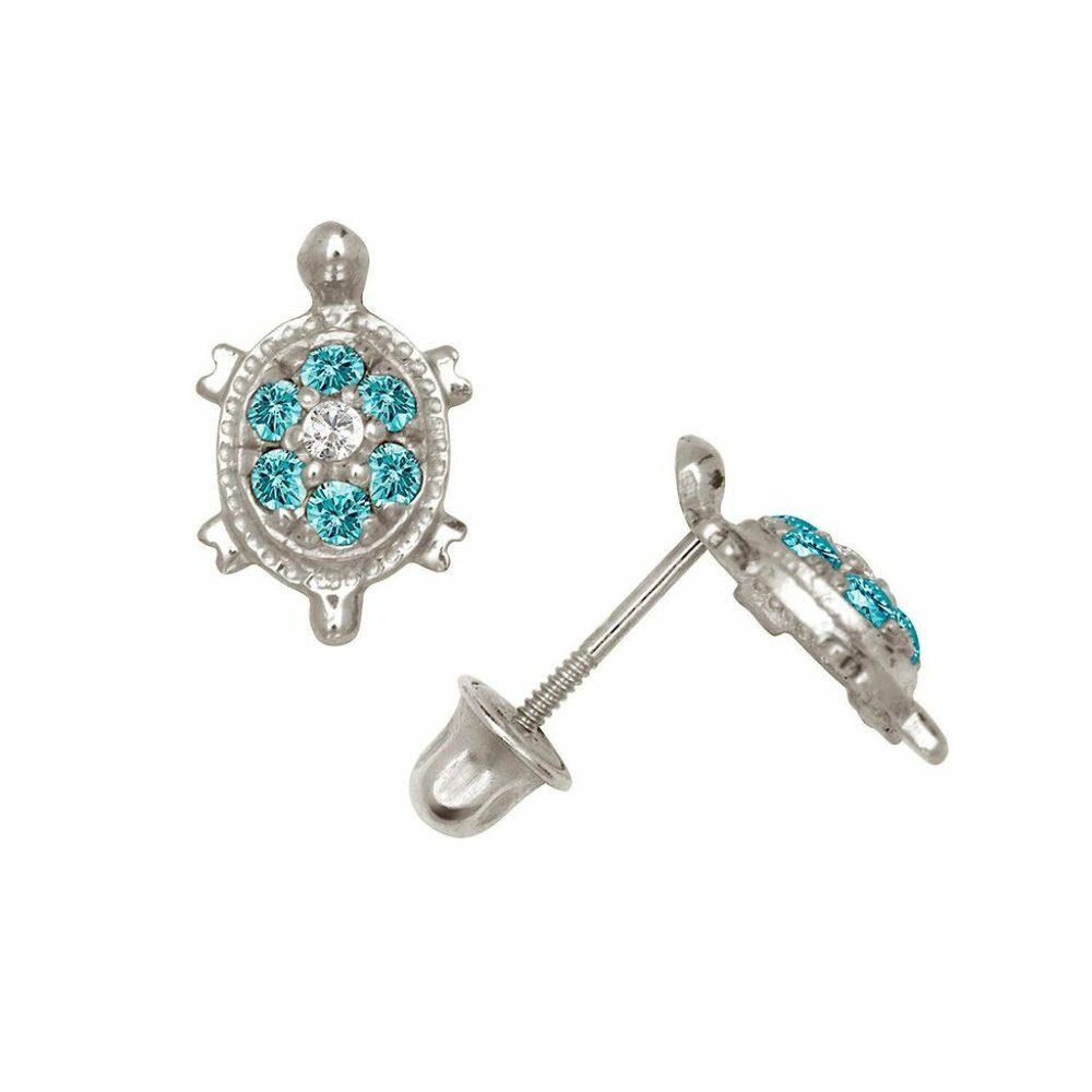 14k Solid White Gold Birthstone Turtle Screw Back… - image 8